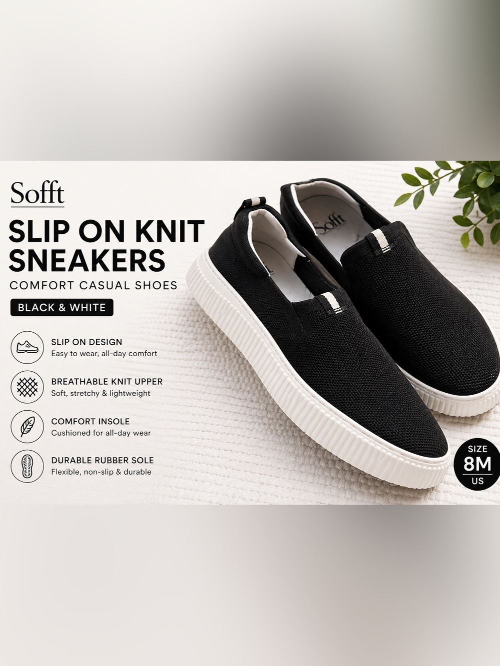 Sofft Slip On Knit Sneakers Comfort Casual Shoes Black White Sole 8M